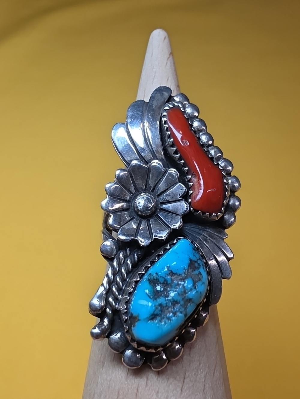 VTG Navajo Sterling Silver Turquoise Coral - Old Pawn Style Ring 13.72g Size 6.5
